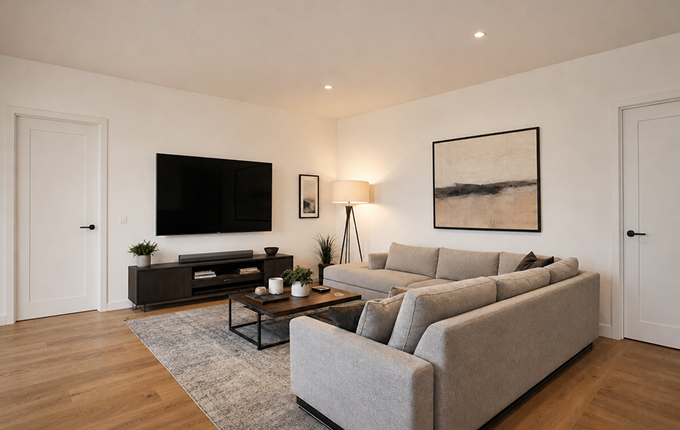 Render fotorealistico di un soggiorno generato da una planimetria